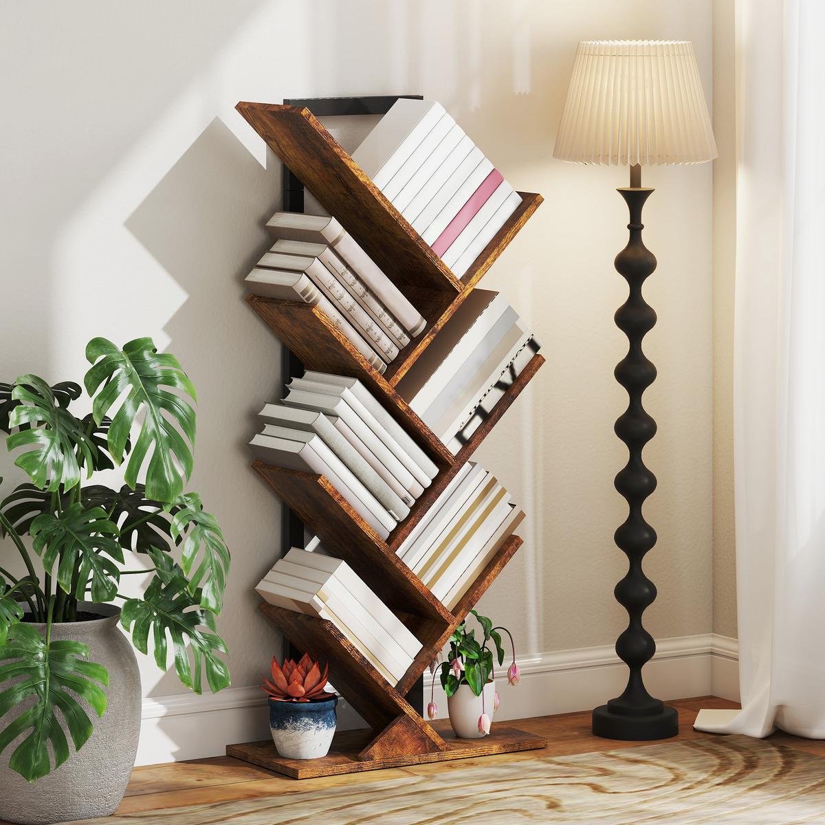 BÜCHERREGAL Standregal mit 7 Ebenen Schmal Regal im Baumform Rustikal Braun - Rostfarben/Schwarz, Holzwerkstoff/Metall (24/109/50cm) - HOMCOM