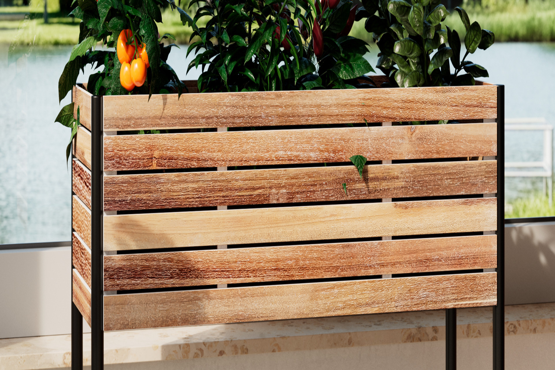Hochbeet Echtholz Akazie geölt Holzlatten Gestell Schwarz Eisen und Kunststoff