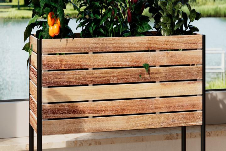 Hochbeet Echtholz Akazie geölt Holzlatten Gestell Schwarz Eisen und Kunststoff