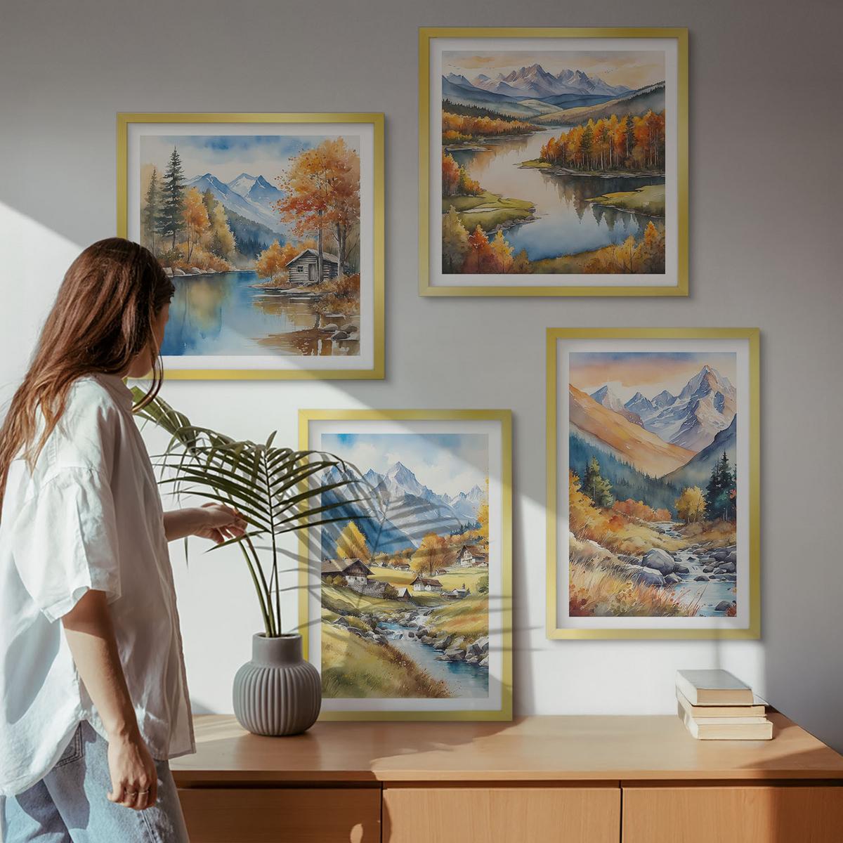BILDER SET 4er Set - 50x50 cm & 40x60 cm Goldrahmen - Herbstliche Naturlandschaften - Goldfarben, Kunststoff (50/50cm) - TULUP
