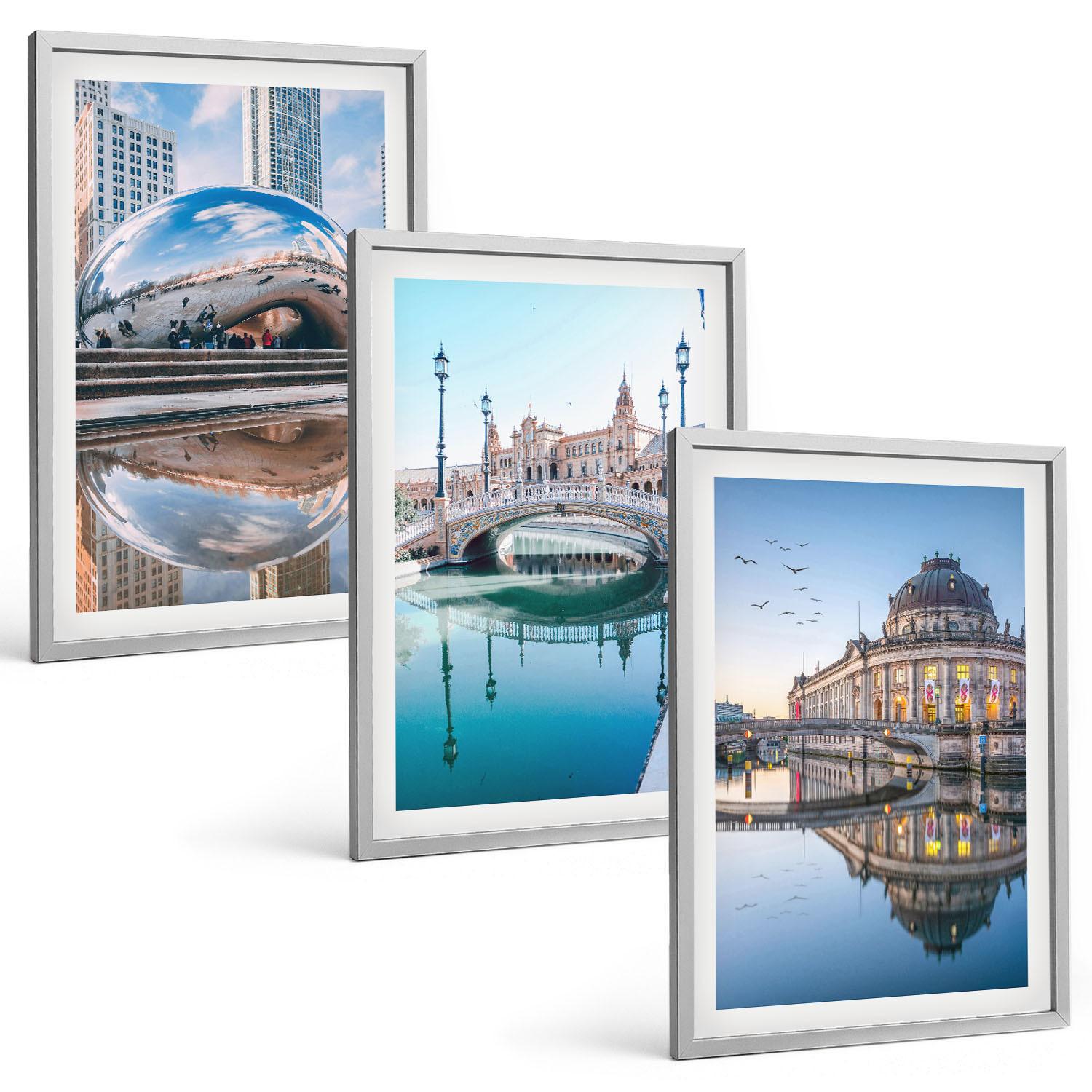 BILDER SET 3er Set - 40x60 cm Silberner Rahmen - Architektur von Städten am Wasser - Silberfarben, Kunststoff (40/60cm) - TULUP