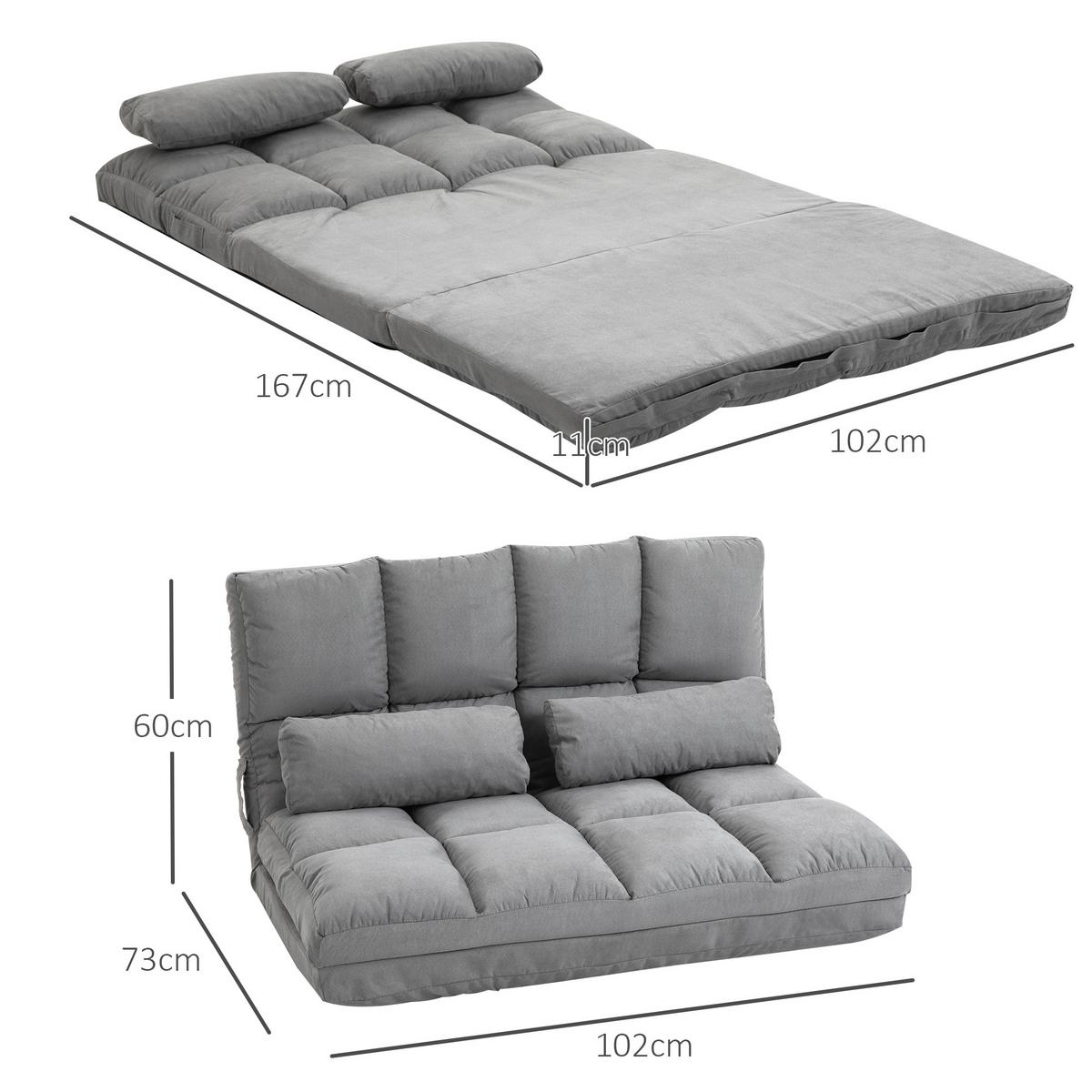 BODENSTUHL 2-in-1 Bodensessel Bett mit Rückenlehne 3 Positionen Verstellbar - Grau, Textil/Metall (73/60/102cm) - HOMCOM