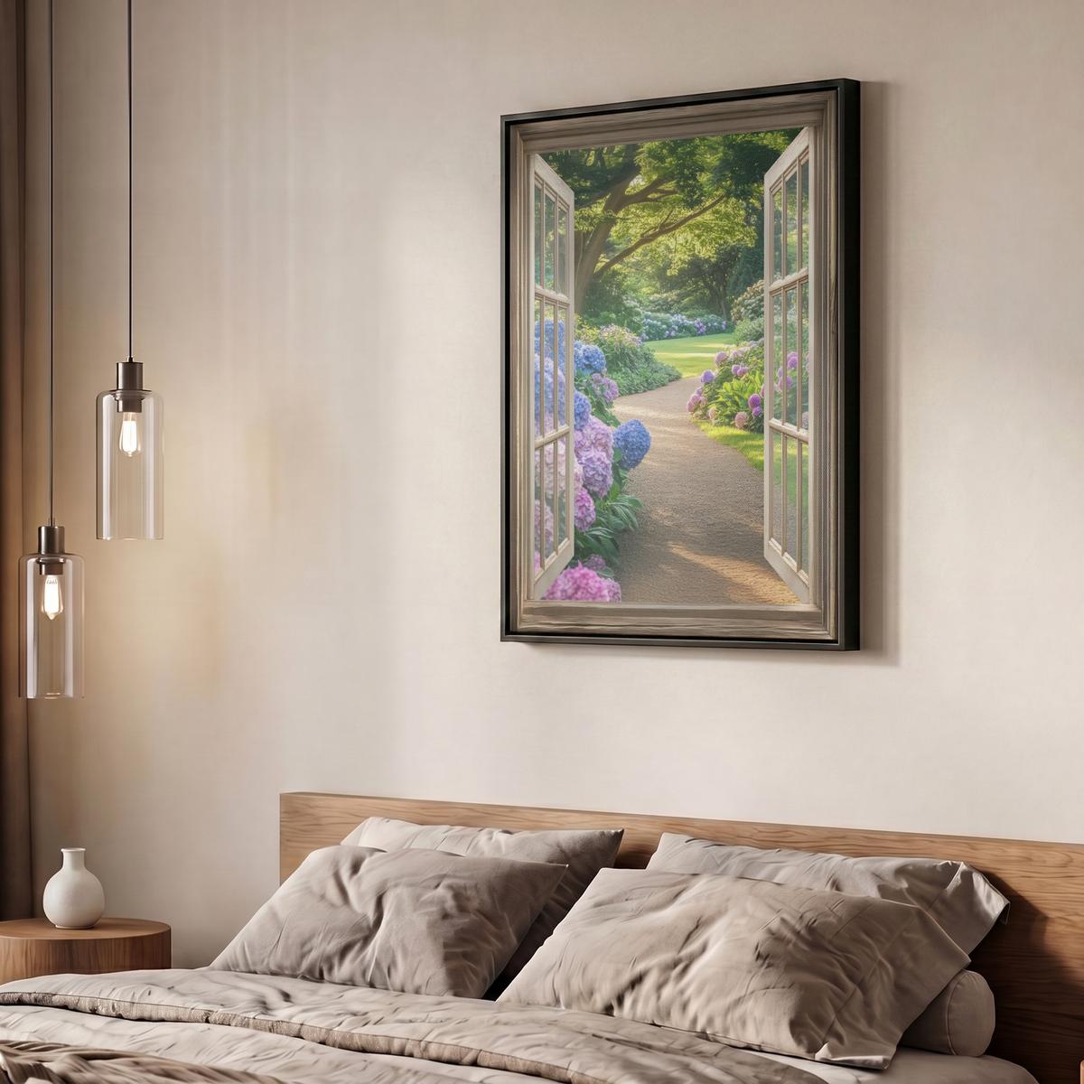 LEINWAND Bilder mit Rahmen - Aussicht - Garten - Fenster - Hortensie - Blumen - 60x80 - Pastellblau, Textil (60/80cm) - MuchoWow