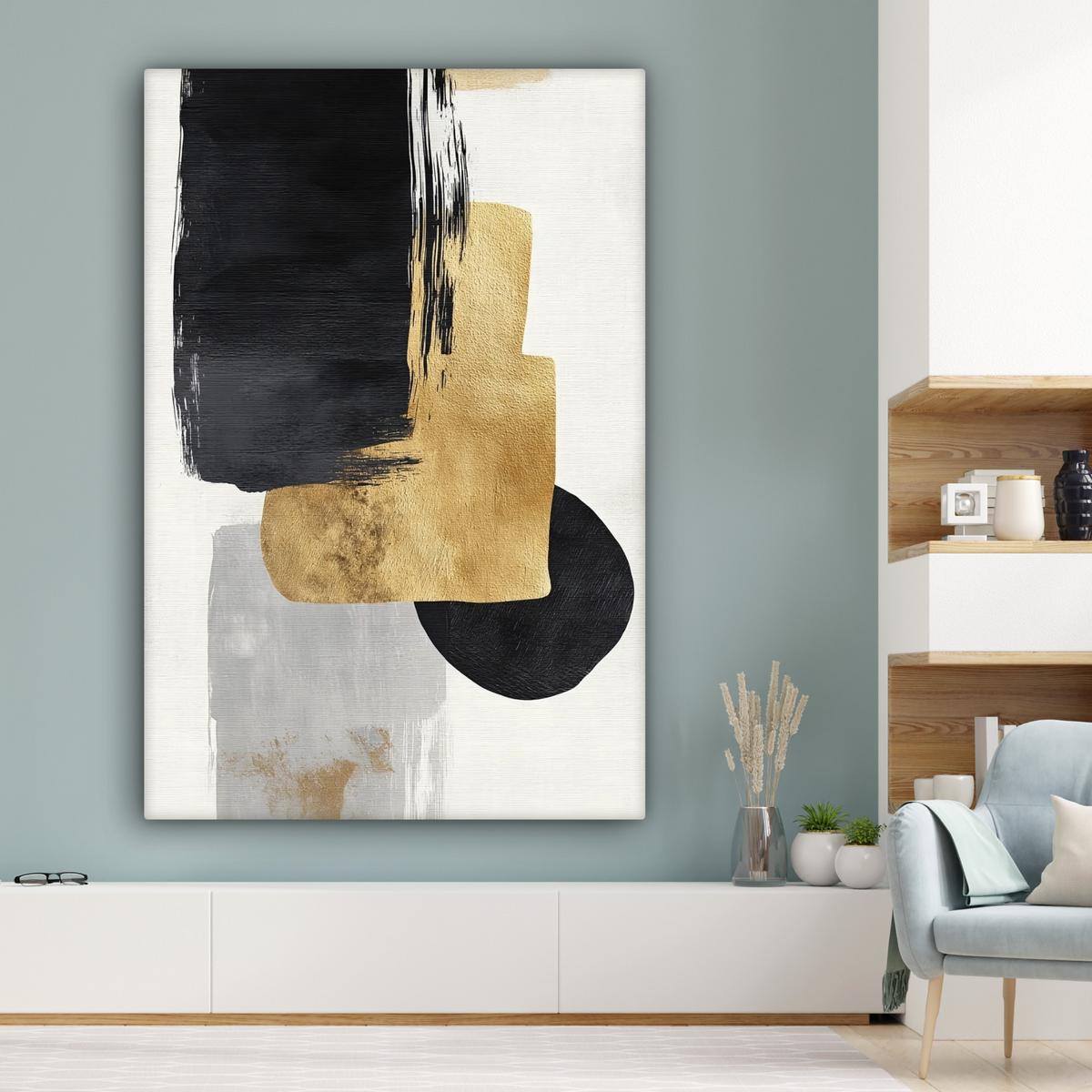 LEINWANDBILD Gold - Rechtecke - Kreise - Abstrakt Deko Groß 90x140 cm - Weiß, Textil (90/140cm) - MuchoWow