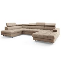 WOHNLANDSCHAFT CORENO Beige Boucle-Stoff mit Schlaffunktion - Beige, Holz (345/88/190cm) - MASSENO