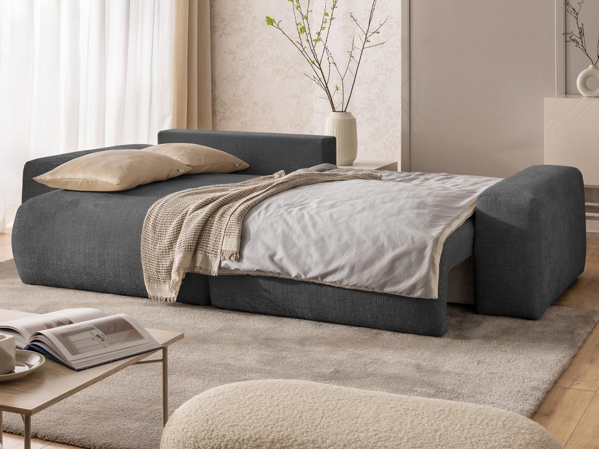 ECKSOFA Puffy mit Schlaffunktion und Bettkasten - besonders weich und puffig aus Grau Chenille-Stoff - Ottomane links - Schwarz/Grau, Holz/Kunststoff (138/266cm) - S-Style Möbel