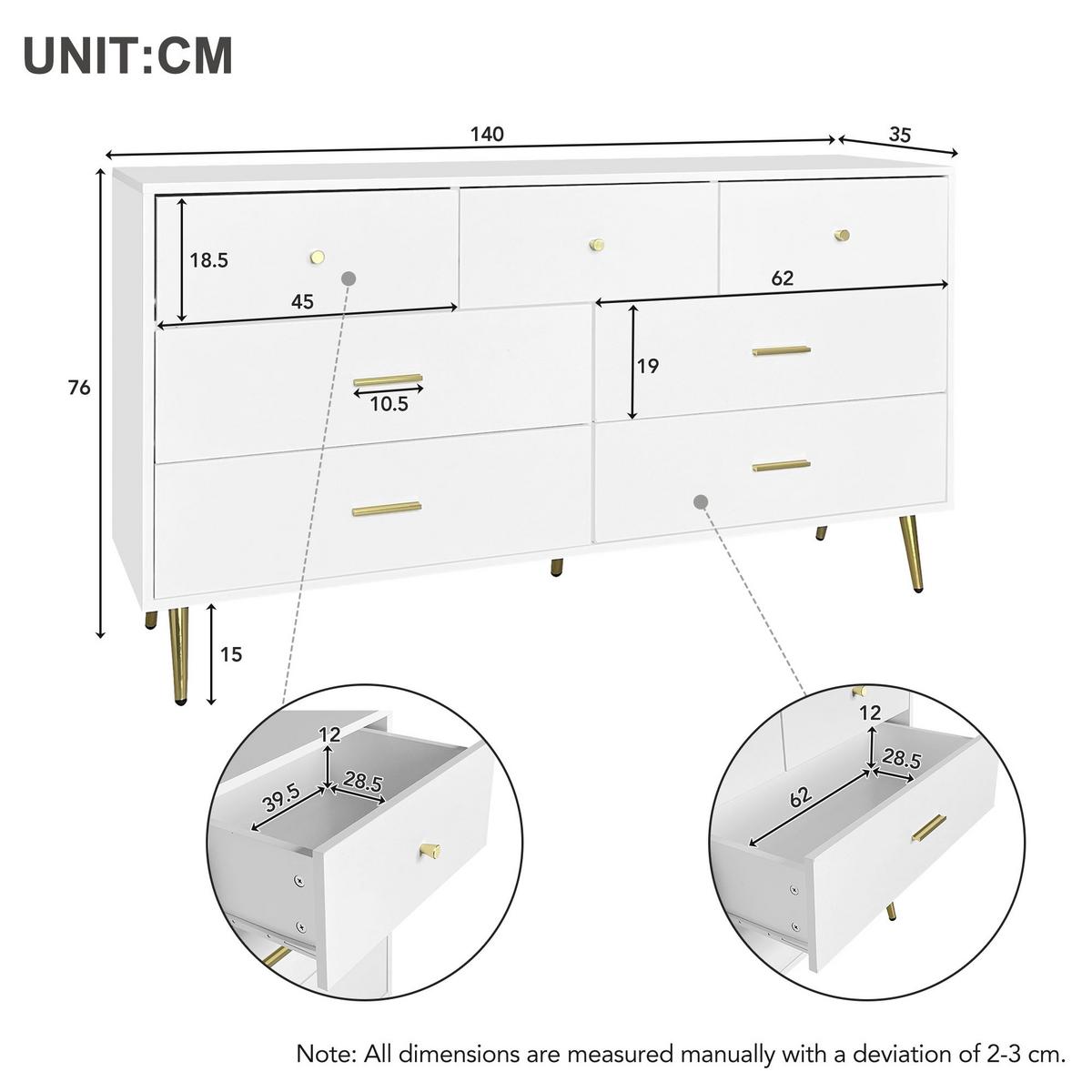 SIDEBOARD mit 6 Schubladen und Goldenen Akzenten, 140/35/76cm - Weiß, Holzwerkstoff/Metall (140/76/35cm) - Urban Meuble