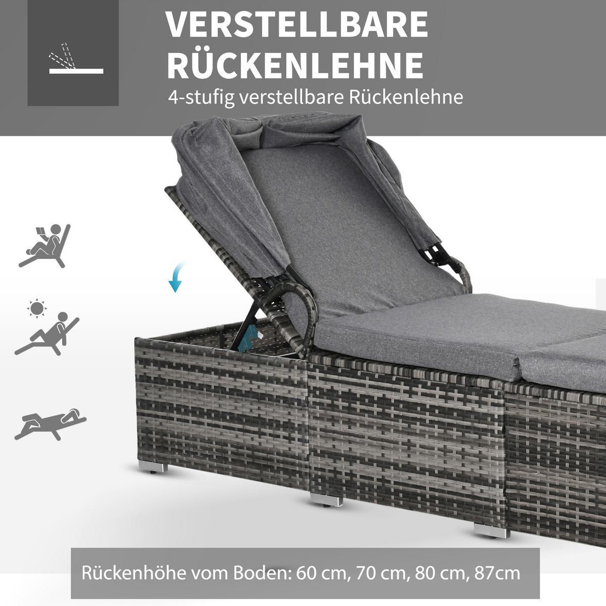 SONNENLIEGE aus Polyrattan, Grau - Grau, Metall (65/40/195cm) - Outsunny