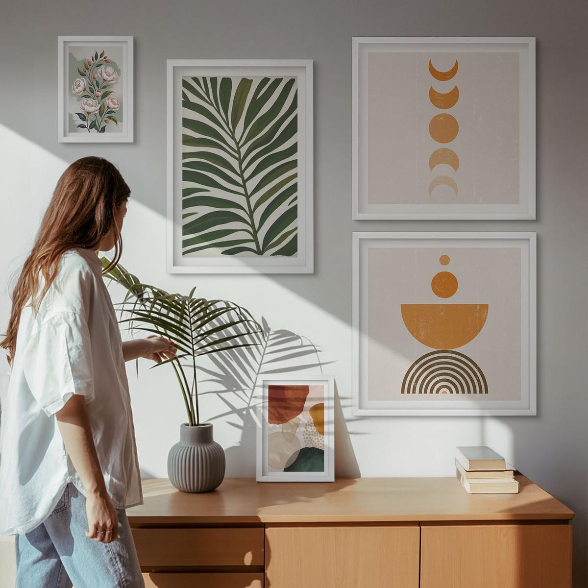 BILDER SET 5er Set - 50x50 cm & 20x30 cm & 40x60 cm Weißer Rahmen - Abstrakte Blattformen - Weiß, Kunststoff (40/60cm) - TULUP