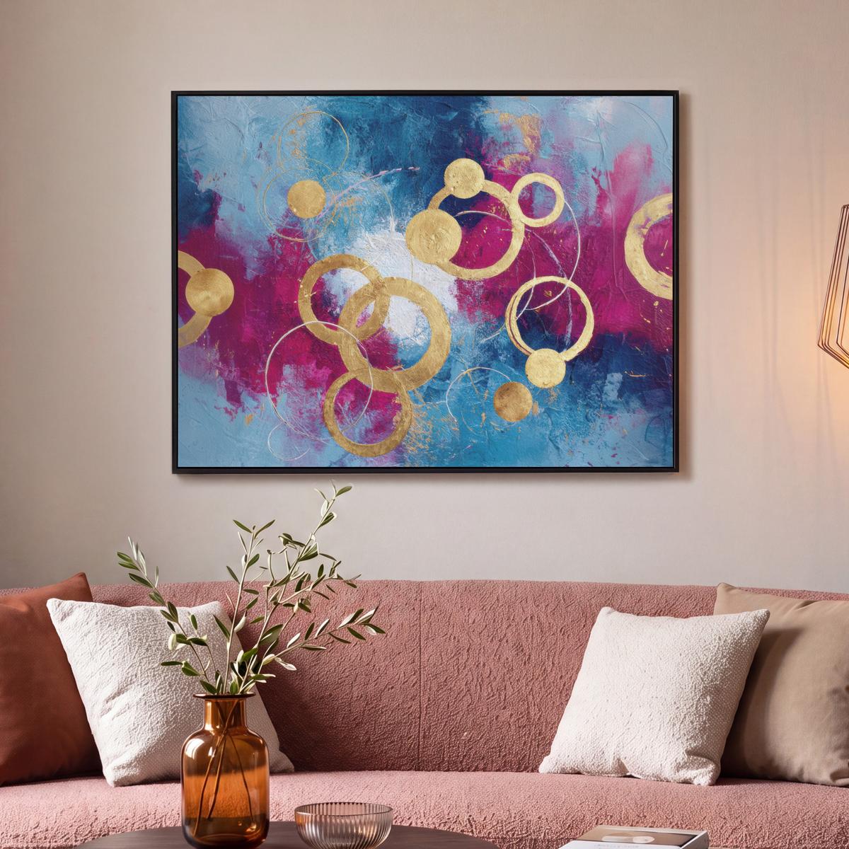 LEINWAND Bilder mit Rahmen - Kreise - Gold - Abstrakt - 100x70 - Blau, Textil (100/70cm) - MuchoWow