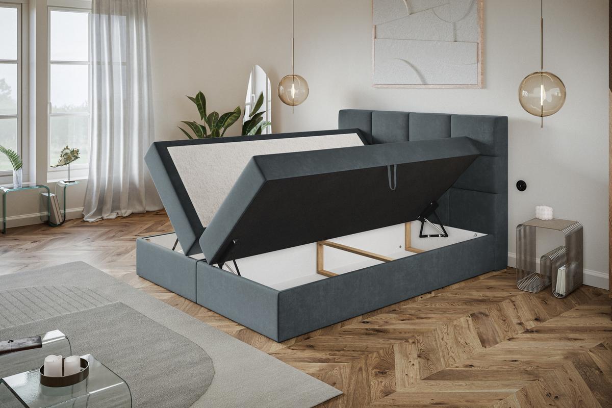 BOXBETT ROMA mit 2 Bettkästen, 140x200, Farbe: Dunkelgrau, Velourstoff, Doppelbett mit Bonell-Matratze - Dunkelgrau, Holz/Kunststoff (140/200cm) - Alpi-Möbel