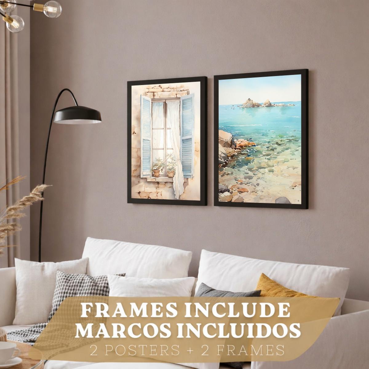 POSTER 3er Bilder-Set Wandbilder Meer Relax modern ohne Rahmen – Wohnzimmer Deko, Schlafzimmer, Küche, Badezimmer Schwarzer Rahmen A4 - Schwarz, Papier (29.7/1/21cm) - Nacnic