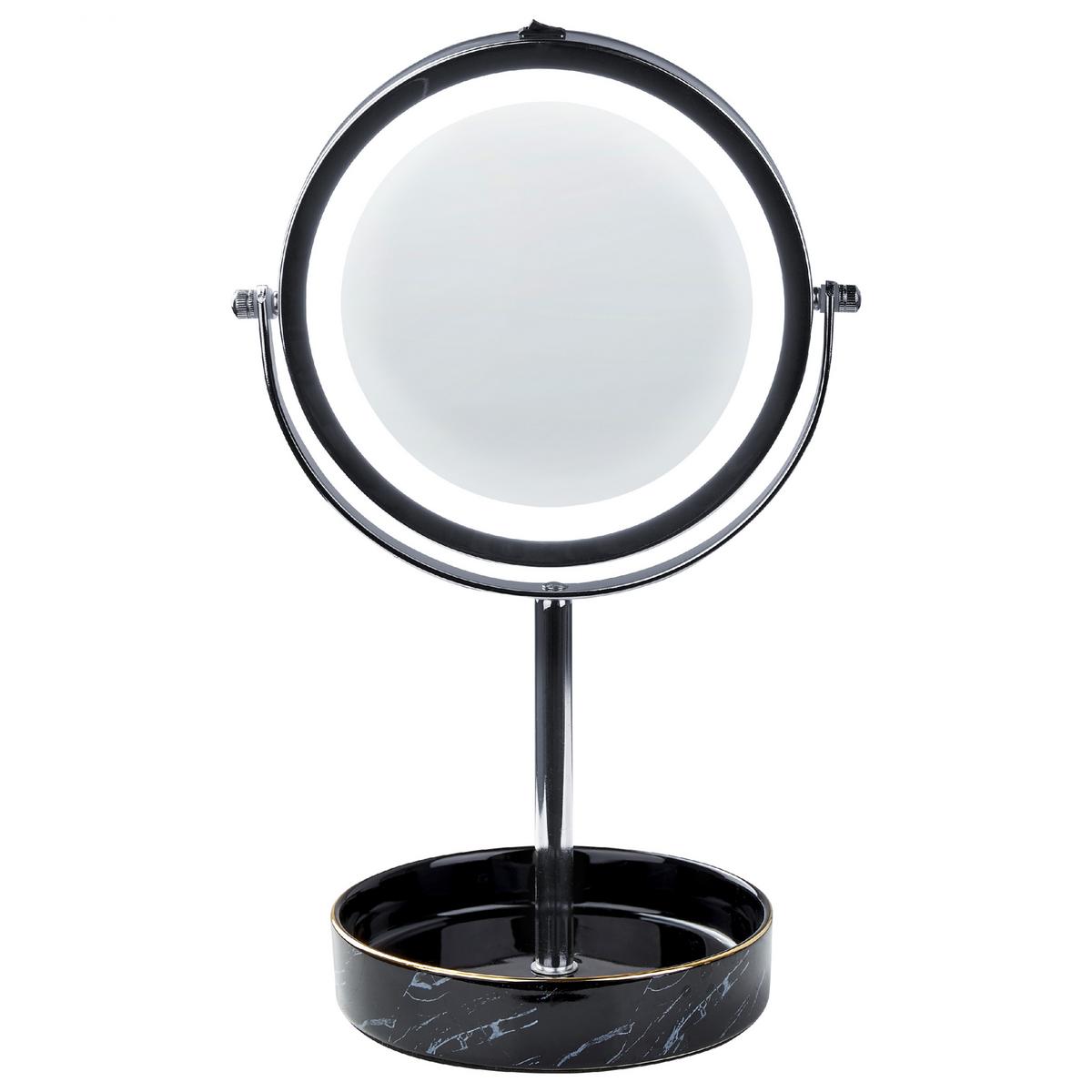 KOSMETIKSPIEGEL silber/schwarz mit LED-Beleuchtung 20 cm Savoie - Silberfarben/Schwarz, Metall (20/34/15cm) - Beliani