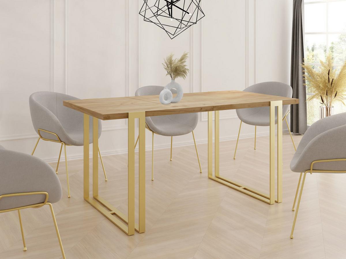 ESSTISCH Stella rechteckig ausziehbar, Craft Eiche 120-220/80/76 cm - Eiche Wotan/Goldfarben, Holzwerkstoff/Metall (80/220/76cm) - WFL GROUP