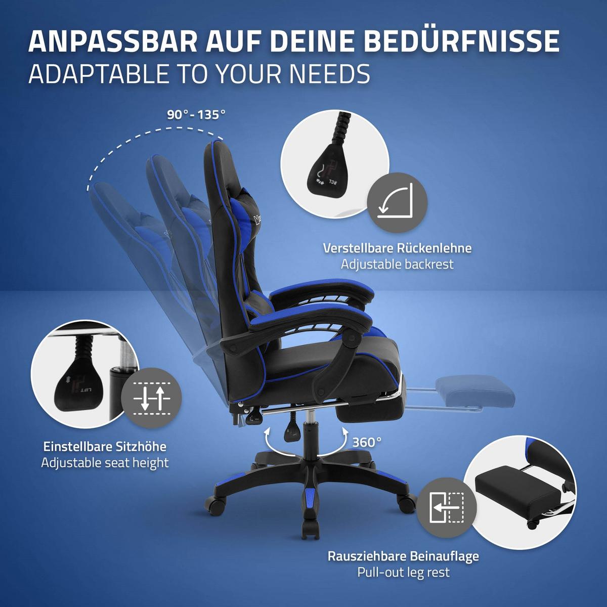 GAMINGSTUHL Schwarz-Blau aus Kunstleder - Blau/Schwarz, Kunststoff/Metall (62/119/62cm) - ML-DESIGN