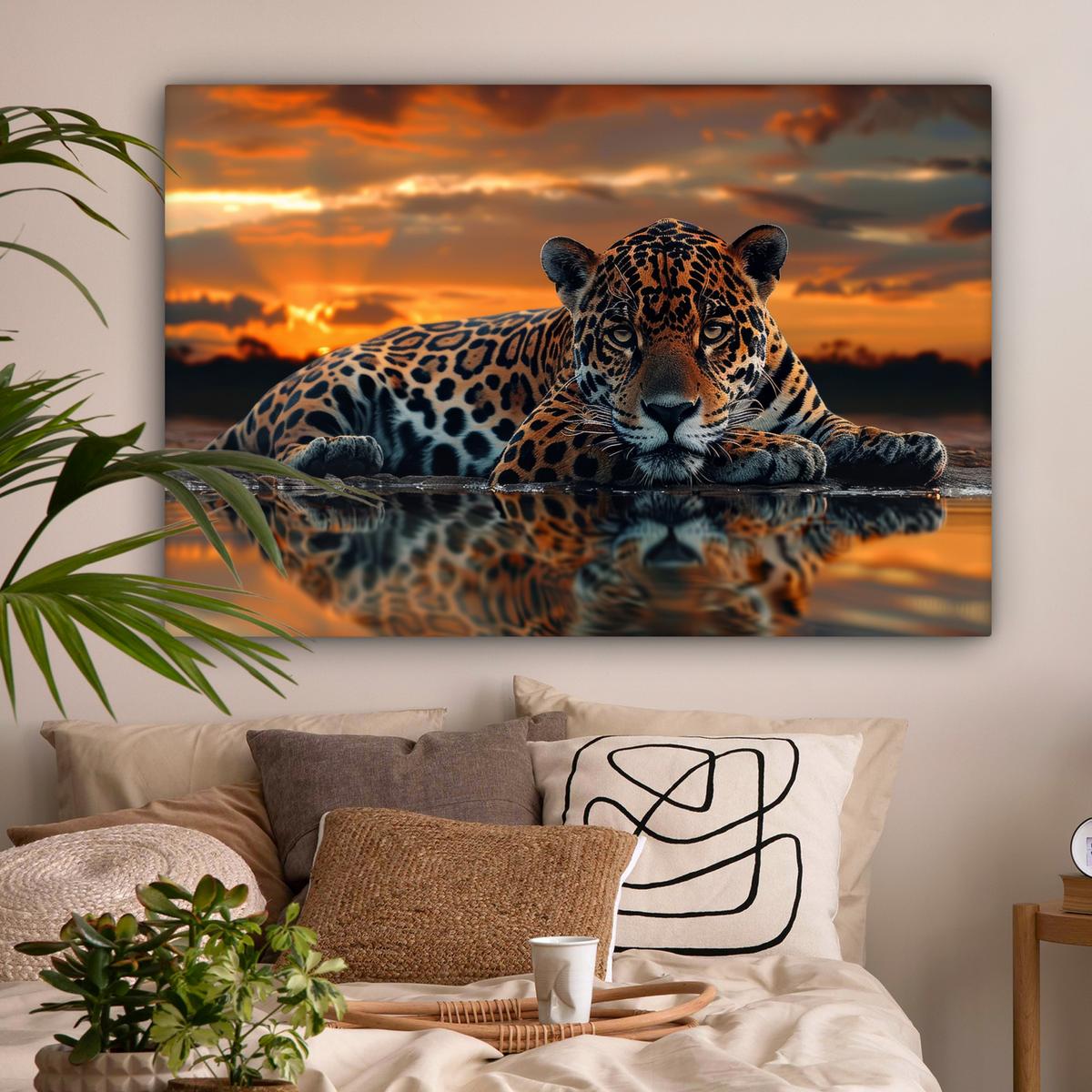 LEINWANDBILD Natur - Leopard - Tier - Sonnenuntergang - Modern XXL 150x100 cm - Orange, Textil (150/100cm) - MuchoWow