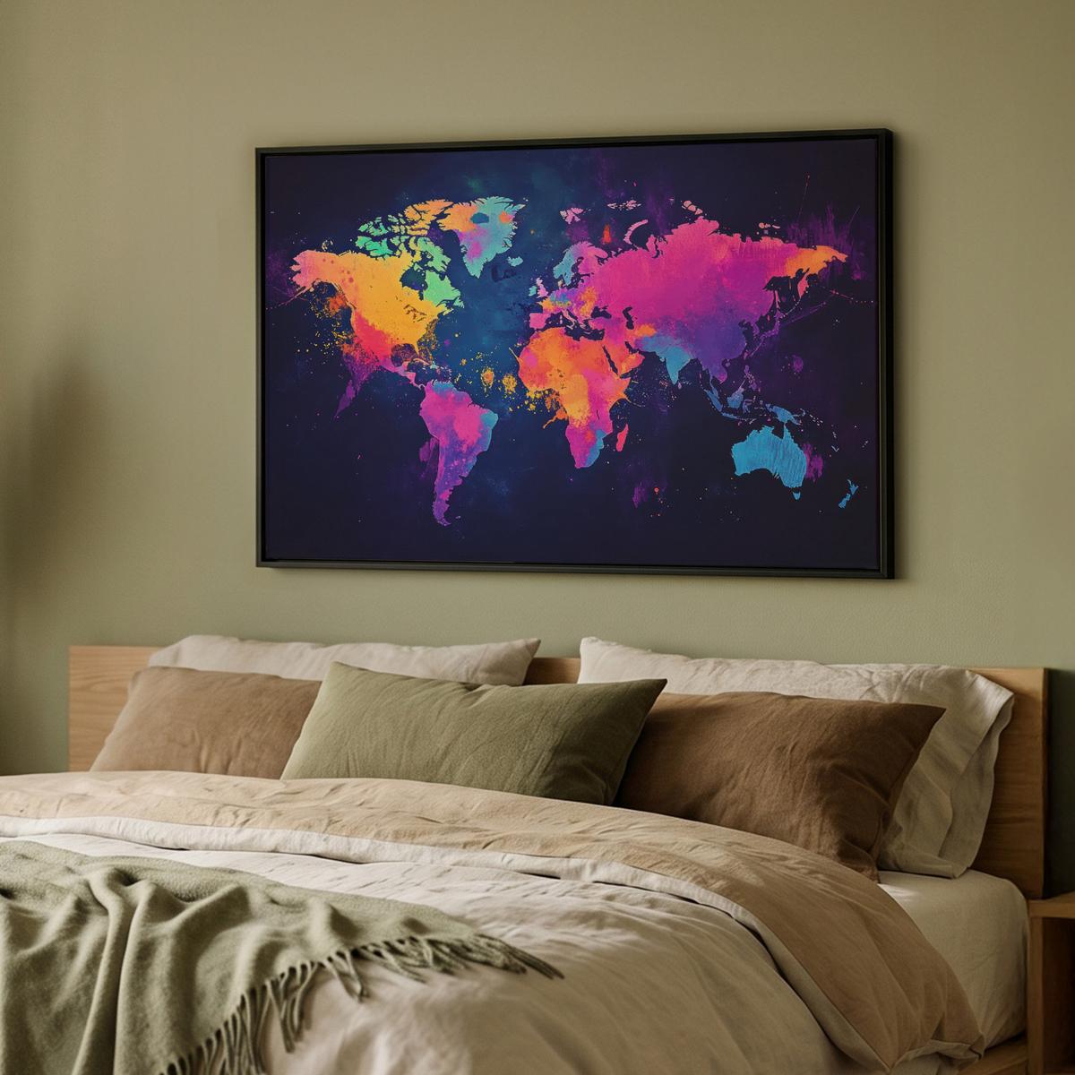 LEINWAND Bilder mit Rahmen - Weltkarte - Bunt - Graffiti - 90x60 - Multicolor, Textil (90/60cm) - MuchoWow