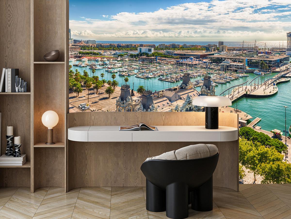 FOTOTAPETE für Wohnzimmer Barcelona Hafen Boote Denkmäler 100x70 - Türkis/Beige, Papier (100/70cm) - Muralo