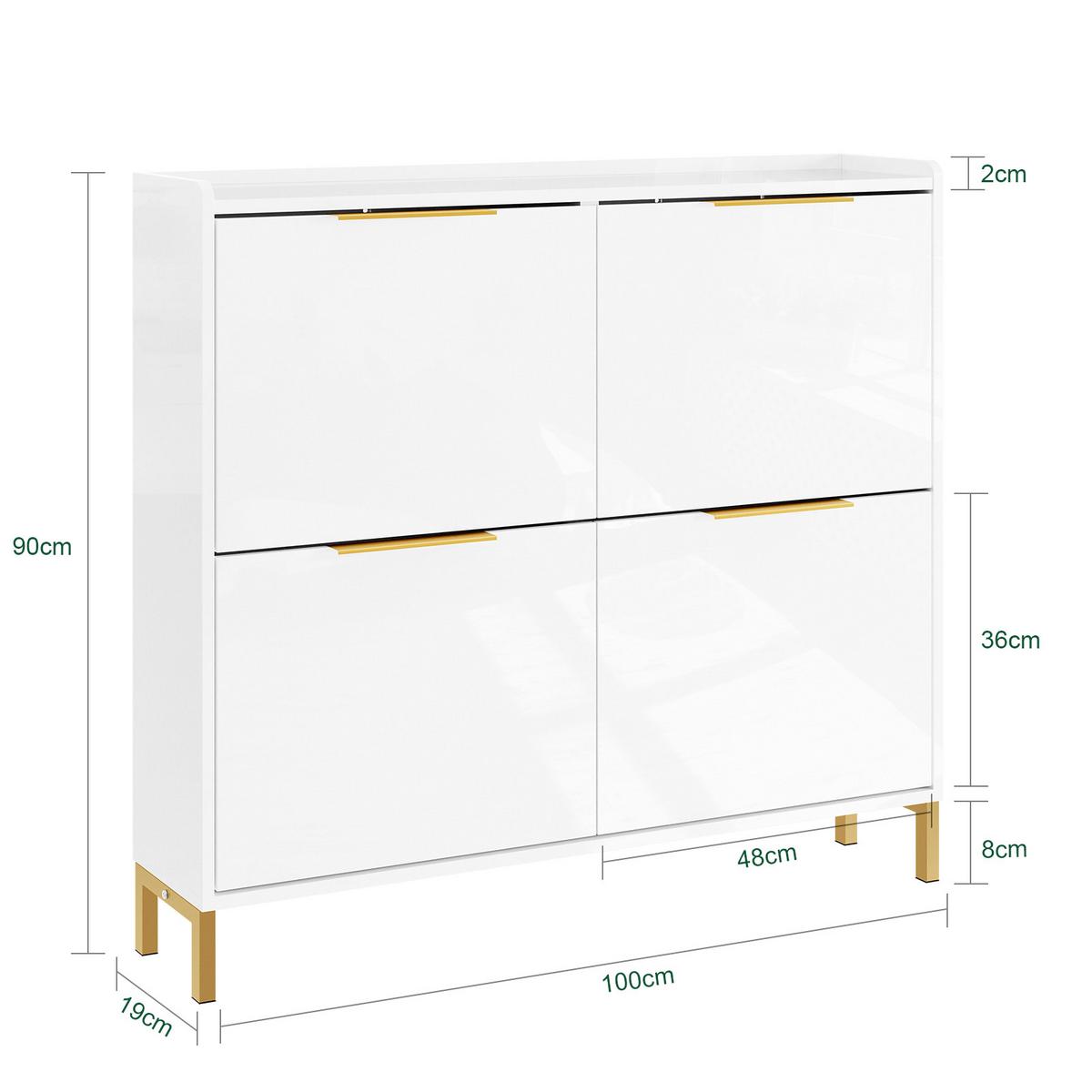SCHUHSCHRANK mit 4 Klappen, Hochglanz Weiß 100x90x19cm - Weiß, Holzwerkstoff (100/90/19cm) - SoBuy
