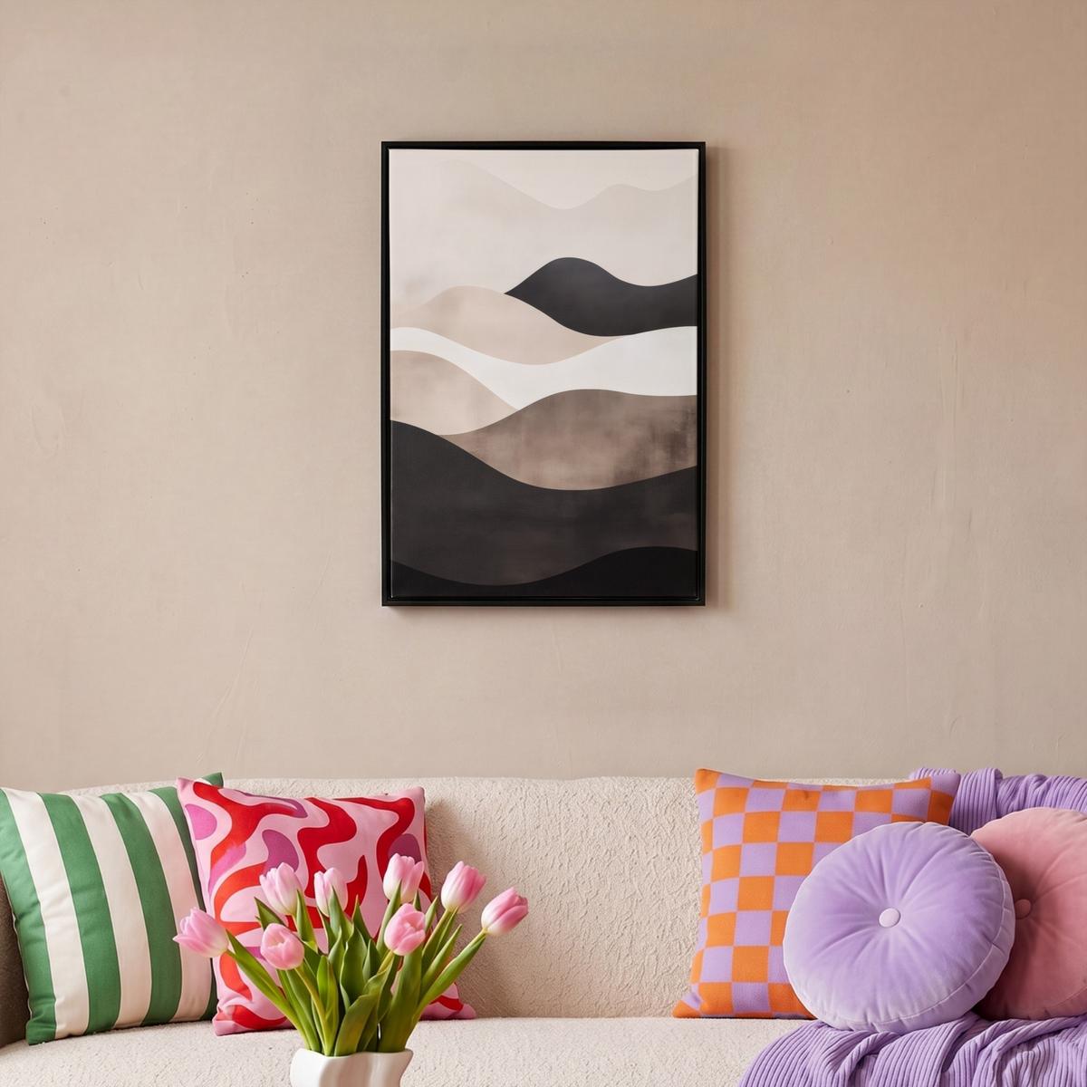 LEINWAND Bilder mit Rahmen - Abstrakt - Landschaft - Wellen - Cremefarben - 40x60 - Cappuccino, Textil (40/60cm) - MuchoWow