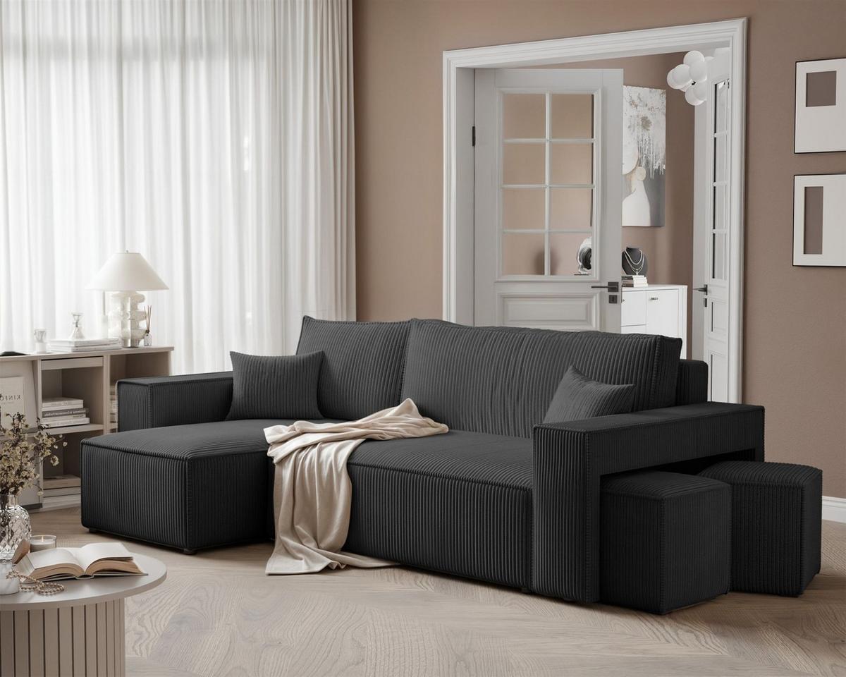 ECKSOFA Adara Inkl. Hocker - Schwarz, Holzwerkstoff/Textil (262/145cm) - Fun Möbel