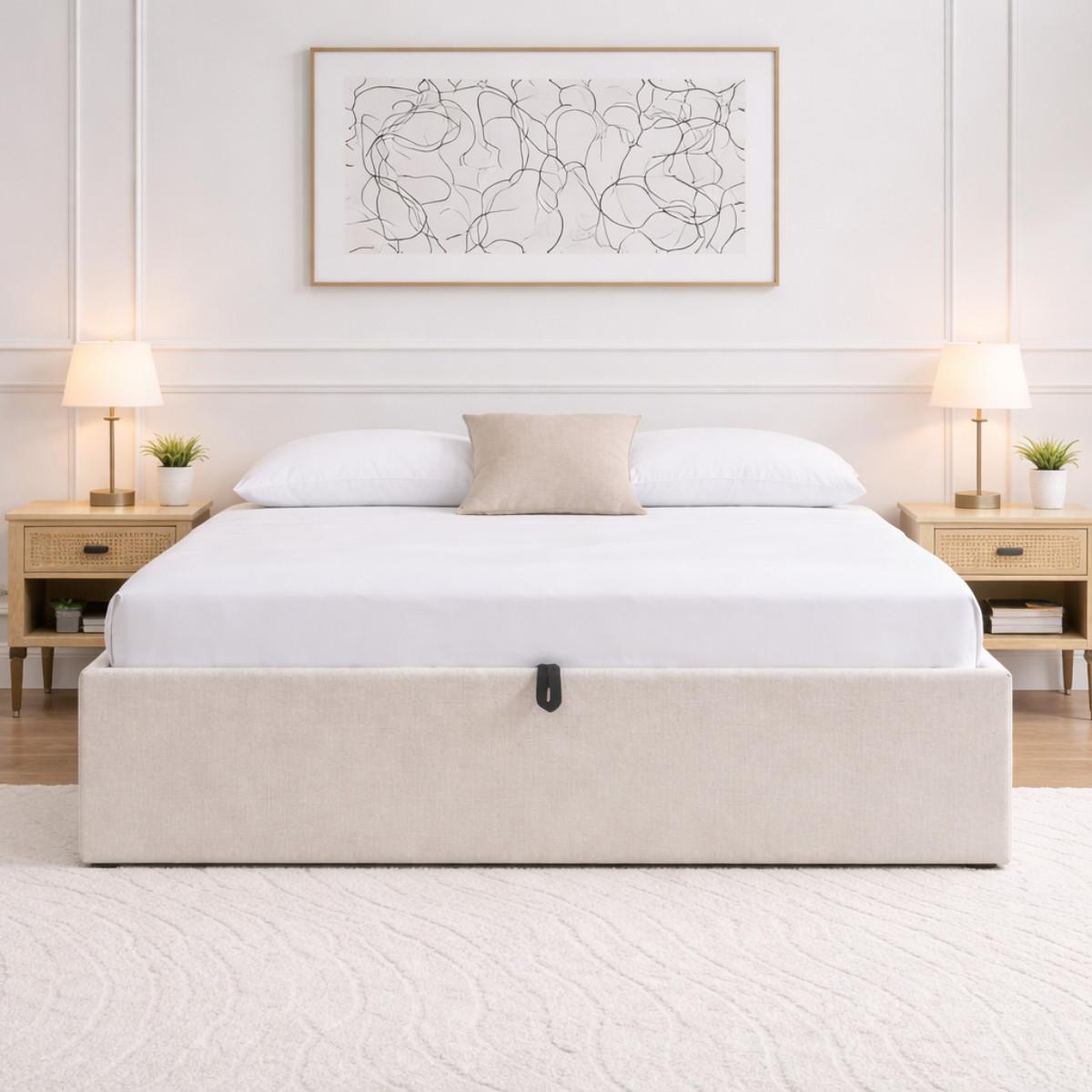 BETT mit Bettkasten 140 x 190 cm aus meliertem Stoff 150/36,50/204 cm - Beige, Holz (190/140cm) - Calicosy