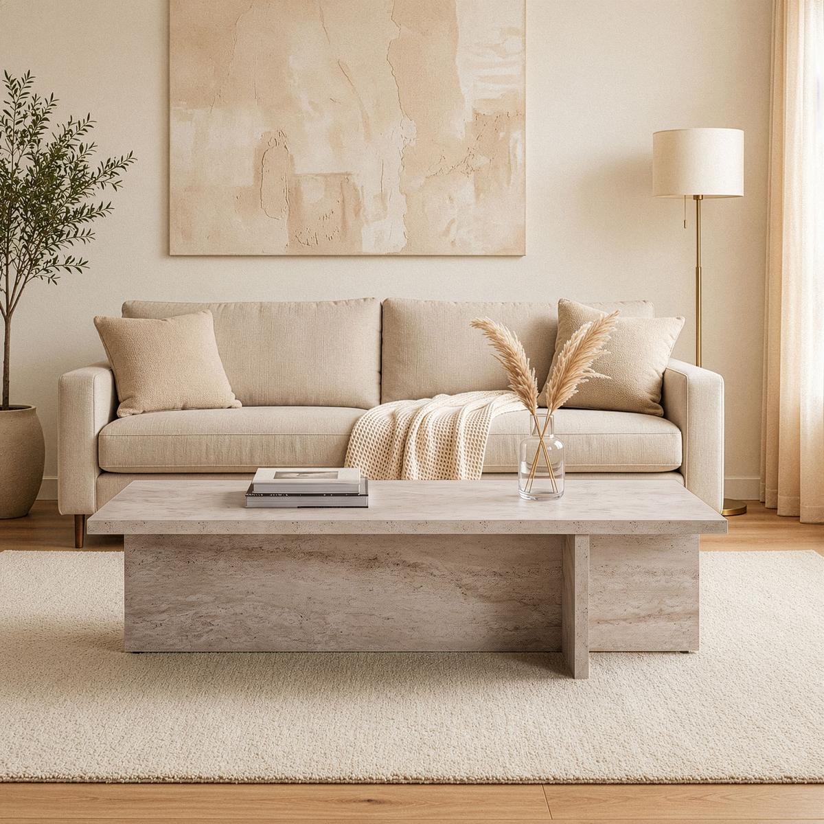 COUCHTISCH mit rechteckiger Platte und asymmetrischem Fuß L120 cm - HARBOR - Beige, Holzwerkstoff (120/45/30cm) - Calicosy