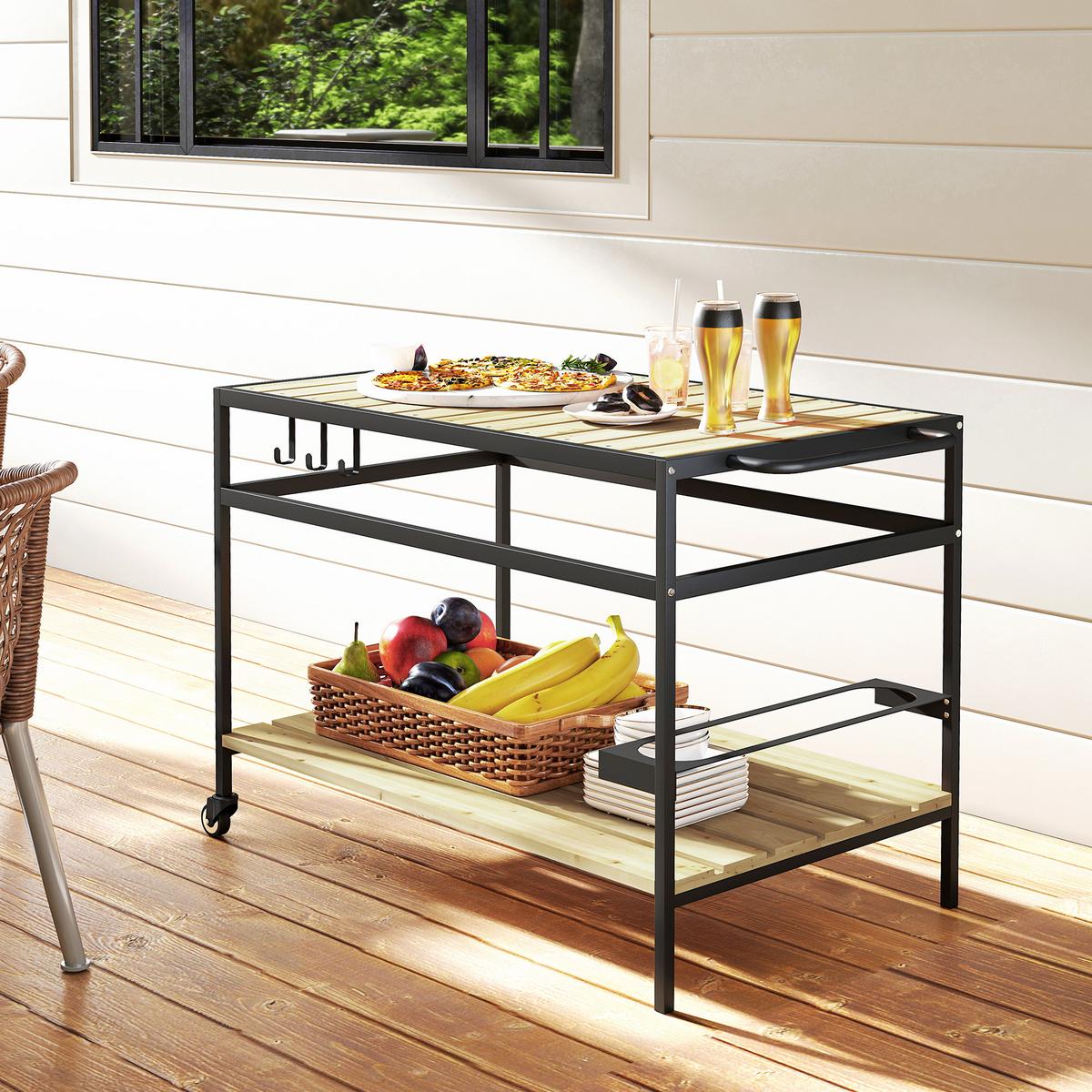 SERVIERWAGEN, Barbecue Trolley mit 2 Regalen, Haken für Garten, Balkon, Natur - Fichtefarben, Metall (65/80/107cm) - Outsunny