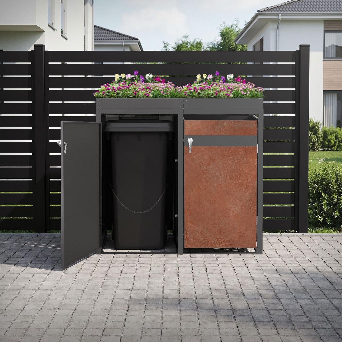 MÜLLTONNENBOX 2er mit Pflanzdach Anthrazit-Rostoptik - Rotbraun, Metall (132/124/80cm) - ML-DESIGN