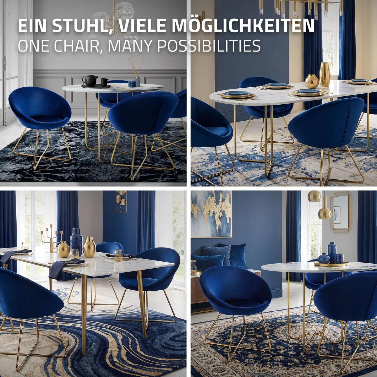 ESSZIMMERSTUHL Blau aus Samt - Blau/Goldfarben, Metall (58/74/65cm) - ML-DESIGN