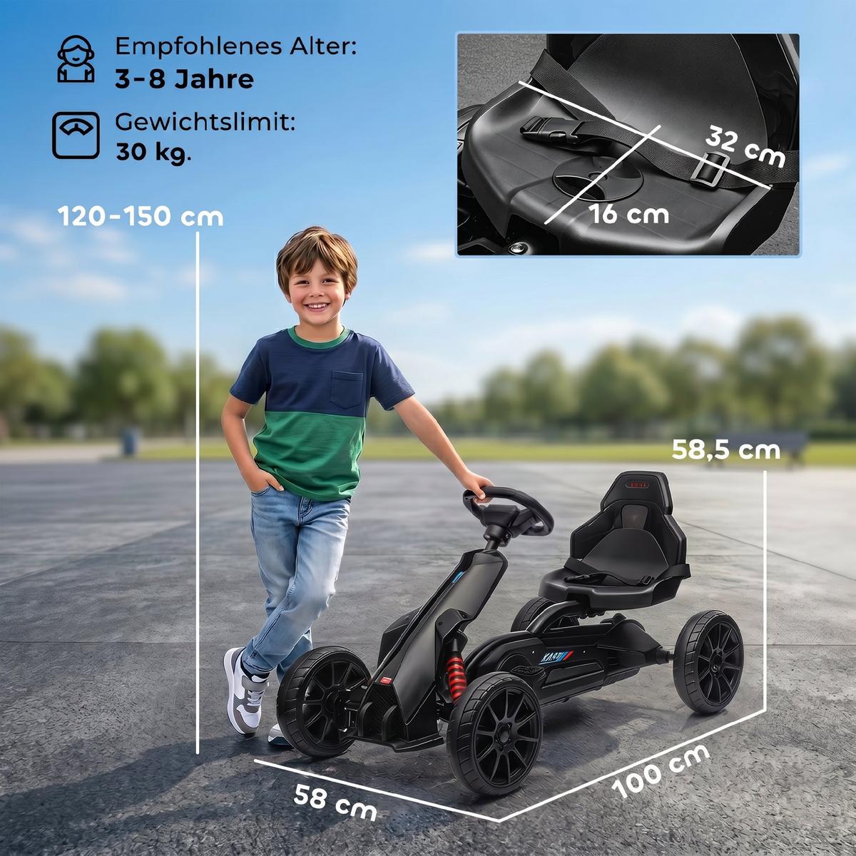 KINDER GO KART TRETAUTO, Schwarz, Kunststoff, Metall - Schwarz, Metall (100/58/58.5cm) - HOMCOM