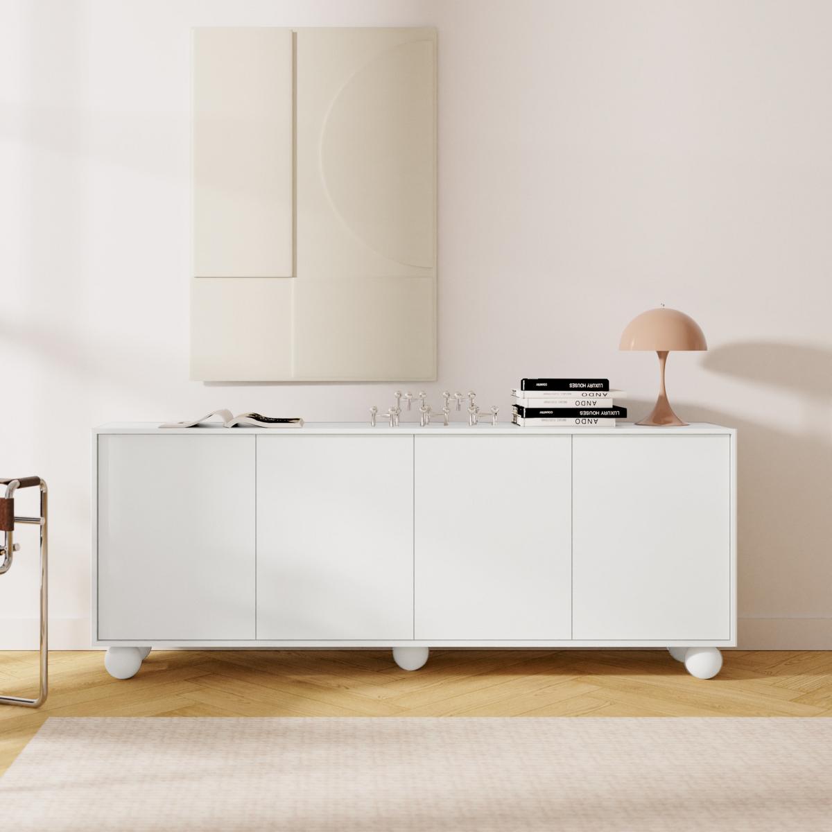 KOMMODE Adel mit 4 Türen und runden Füßen, 204 cm, Griffloss, Weiß - Weiß, Holzwerkstoff (204/81/38cm) - Beautysofa