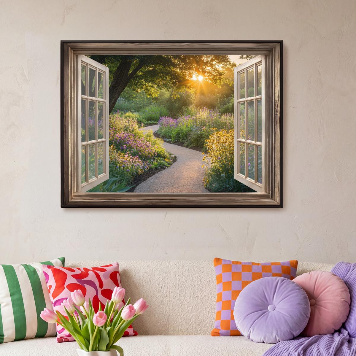 LEINWAND Bilder mit Rahmen - Aussicht - Blumen - Natur - Sonne - Weg - 100x70 - Hellgelb, Textil (100/70cm) - MuchoWow