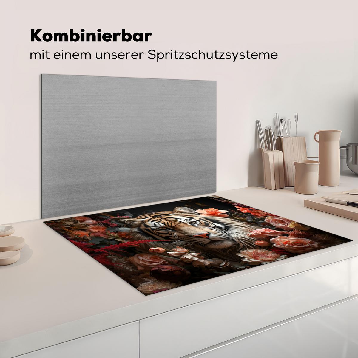 HERDABDECKPLATTE Tiger - Tier - Natur - Floral - Botanisch Induktionsmatte 77x59 cm - Orange, Kunststoff (77/59/0.2cm) - MuchoWow