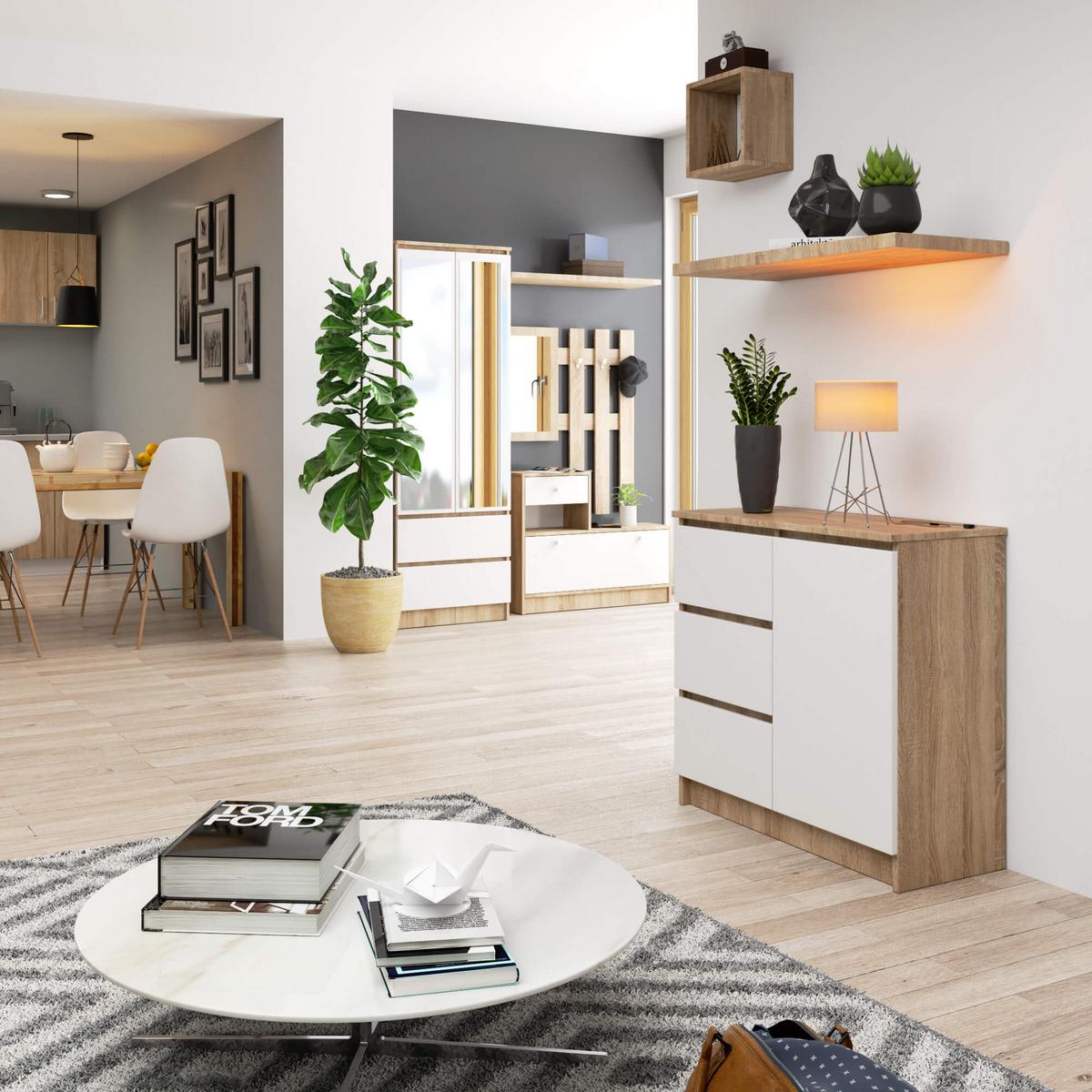 KOMMODE Eiche Sonoma, Weiß 77/80/35 - Weiß, Holzwerkstoff (80/77/35cm) - RAUMHIRSCH FURNITURE