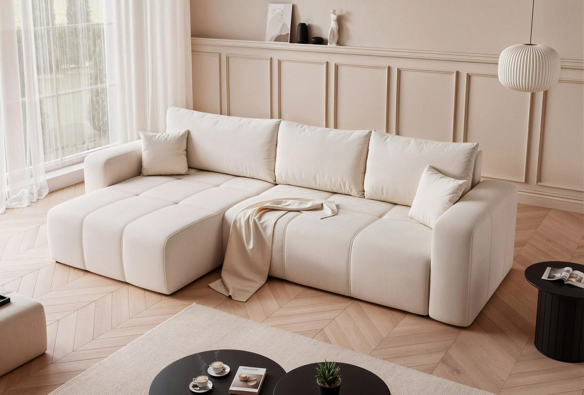 ECKSOFA XL Velours mit Bettkasten und Schlaffunktion - Creme, Holzwerkstoff/Textil (278/145cm) - Idohome
