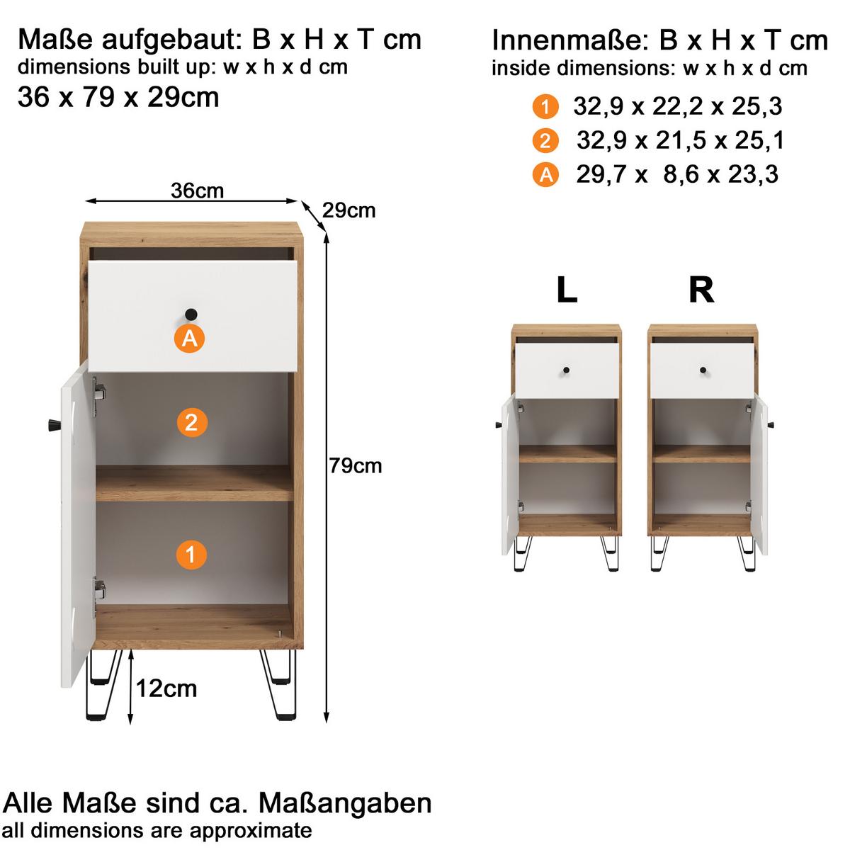 BADKOMMODE weiß matt Lack, Artisan Eiche, Badschrank 36 x 79 cm - Schwarz/Weiß, Holzwerkstoff/Kunststoff (36/79/29cm) - Top.Furn