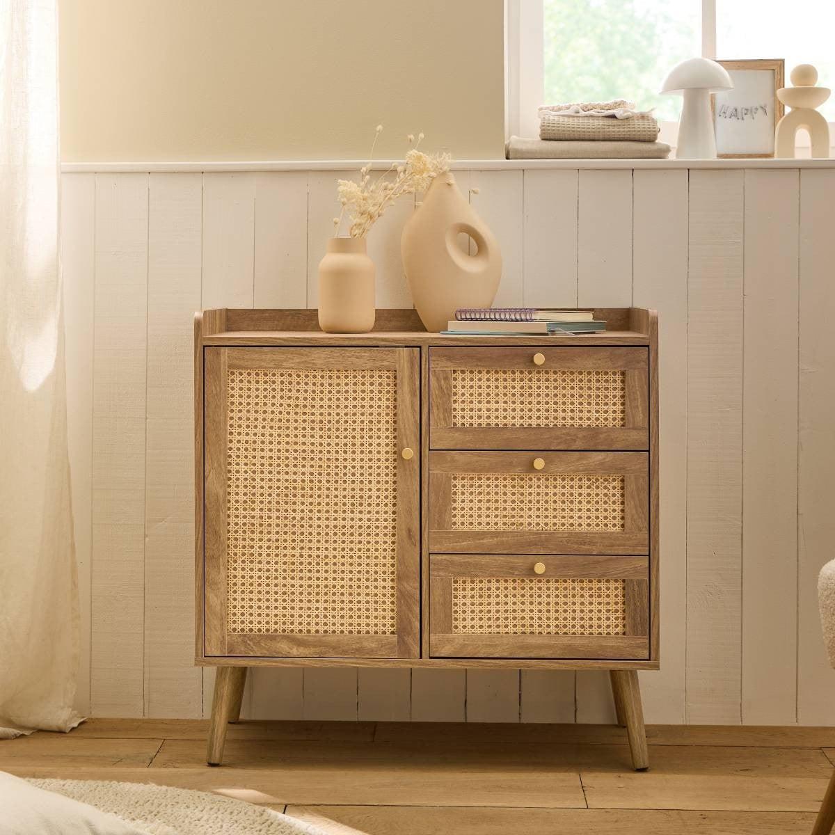 KOMMODE mit 1 Tür und 3 SchubladenRattanfronten und Holzfüßen 39/79,5/80 cm - Eschefarben, Holzwerkstoff (80/79.5/47cm) - Calicosy
