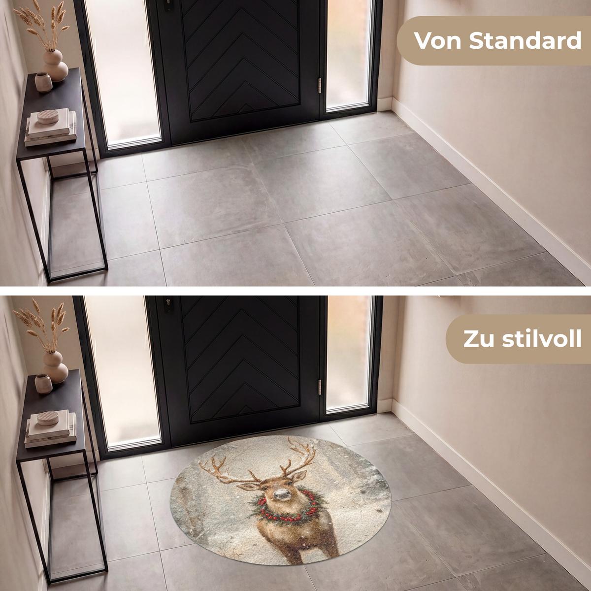 FUSSMATTE Weihnachten - Rentier - Winter - Kranz Flurteppich 120x120 cm - Braun, Kunststoff (120/0.4cm) - MuchoWow