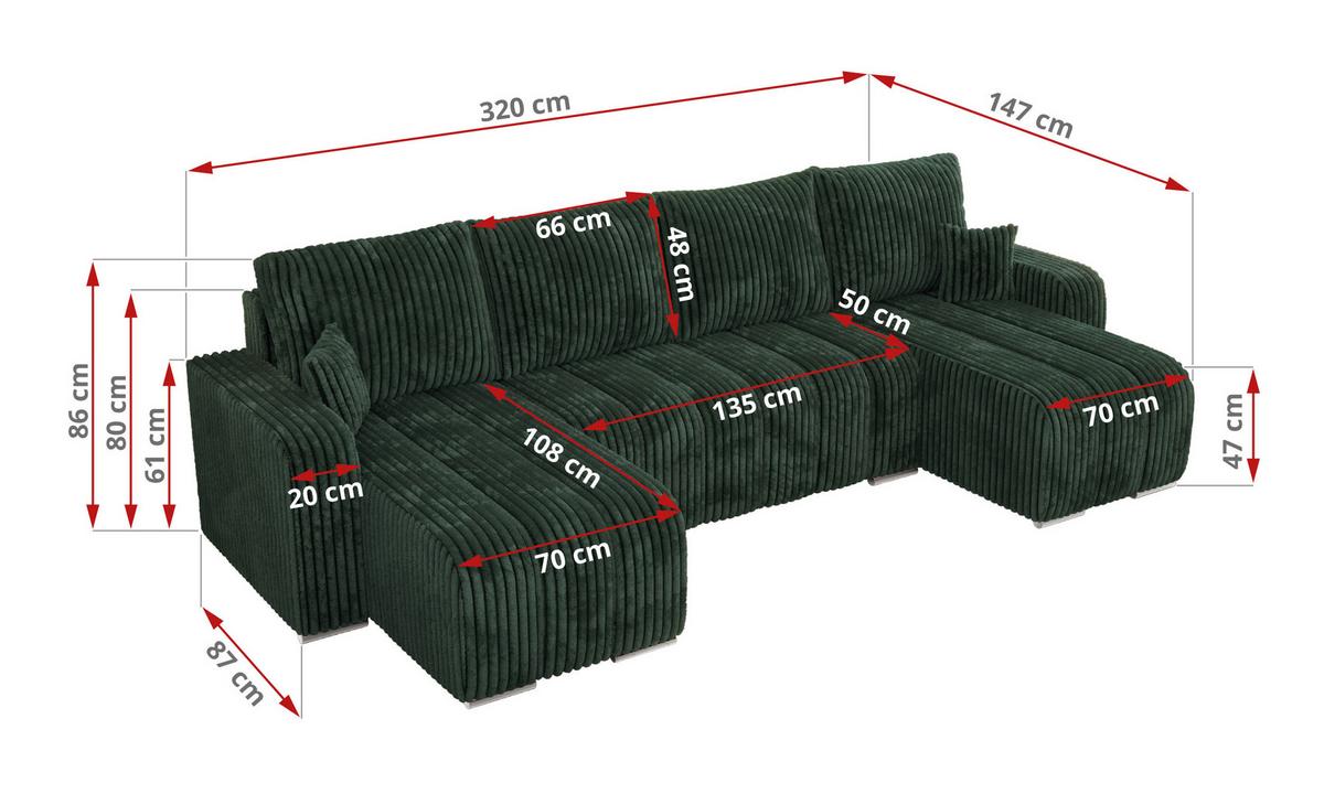 WOHNLANDSCHAFT KIRASSO U Grün Cord - Grau/Grün, Textil/Metall (320/86/147cm) - MKS