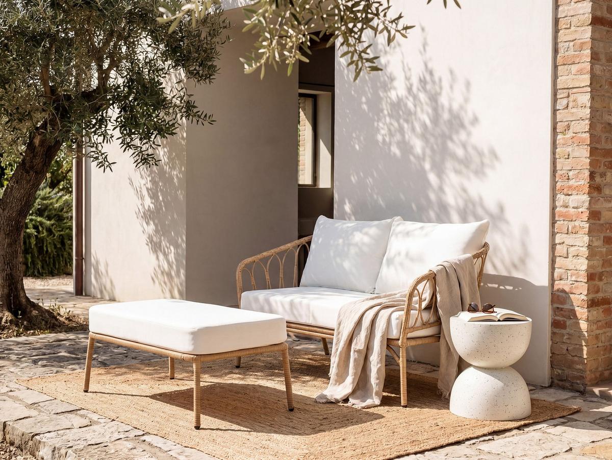 GARTENSOFA 2-Sitzer mit Bank Polyrattan Hellbraun Follo - Hellbraun/Braun, Kunststoff (130/89/66cm) - Beliani