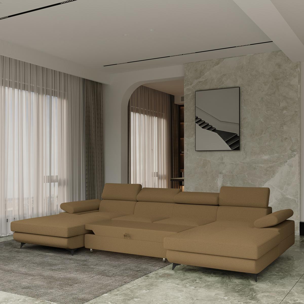 WOHNLANDSCHAFT DETTI Orange Boucle-Stoff mit Schlaffunktion - Orange, Holz (339/89/190cm) - MASSENO