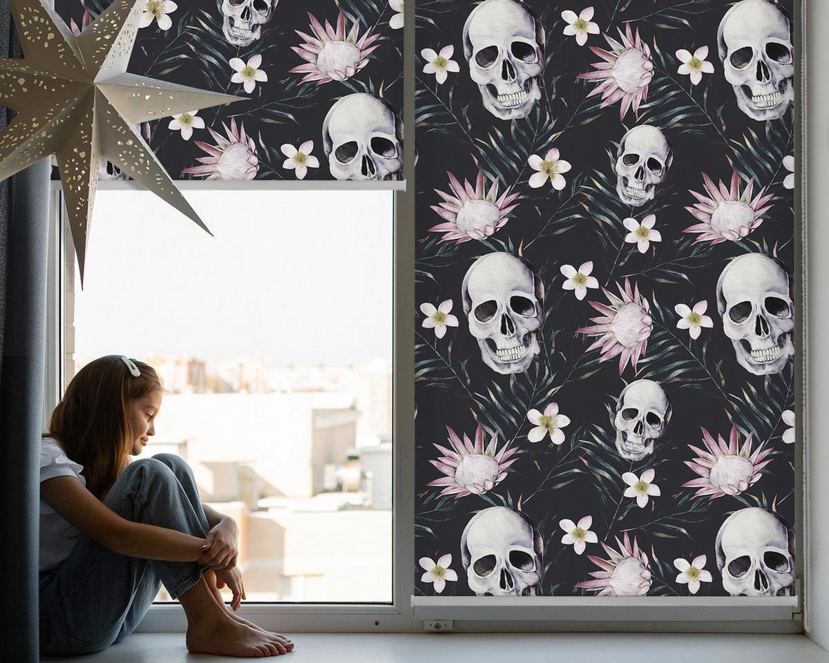 INNENROLLO - Fensterrollo - Rollo - 100x100 cm - Schädel zwischen Blumen - Weiß, Kunststoff (100/100/0.5cm) - TULUP