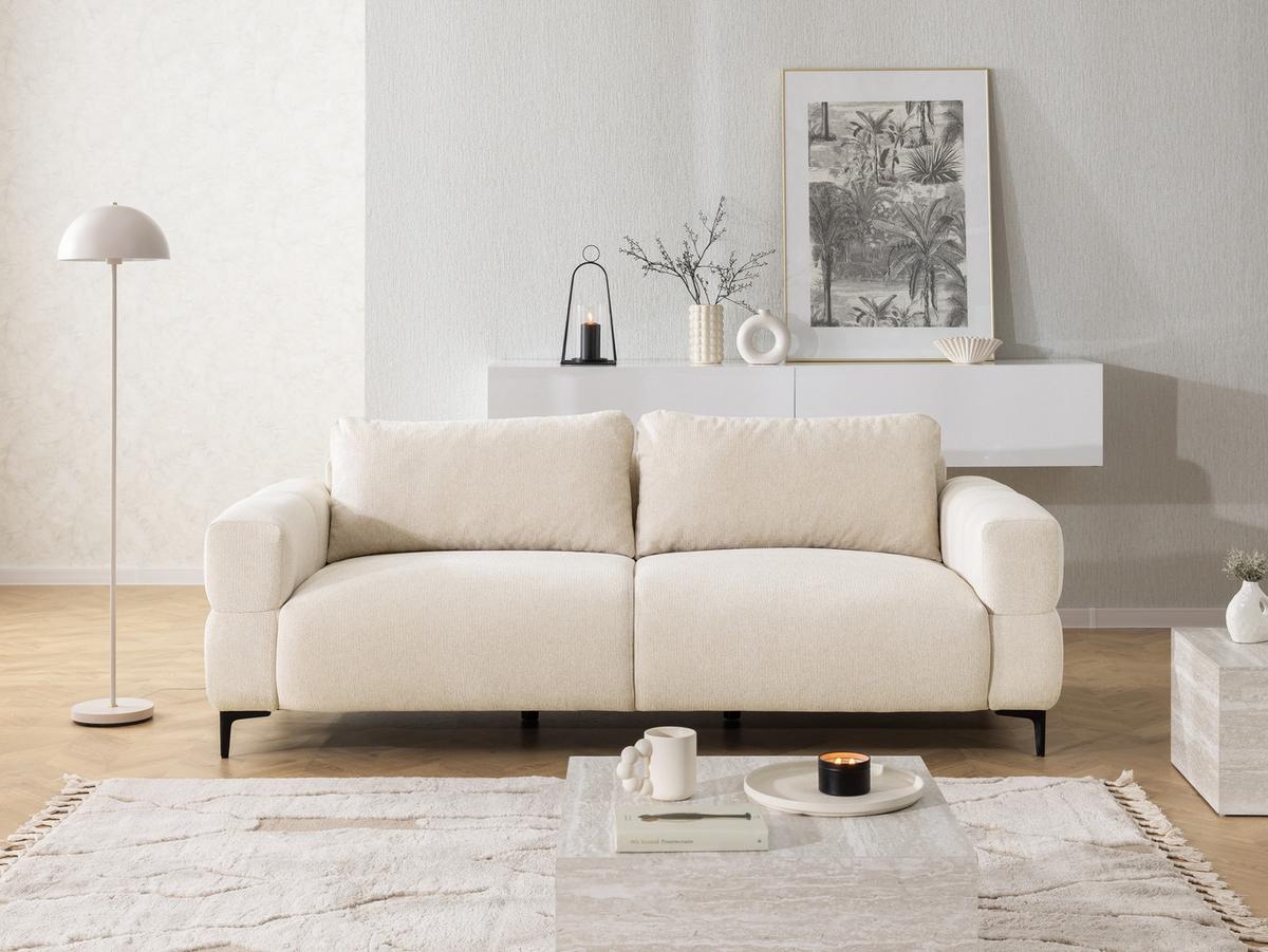 3-SITZER-SOFA Cardea in Bubble-Optik aus weichem Hellbeige Strukturstoff mit hohem Sitzkomfort - Beige/Schwarz, Holz/Textil (217/80/97cm) - S-Style Möbel