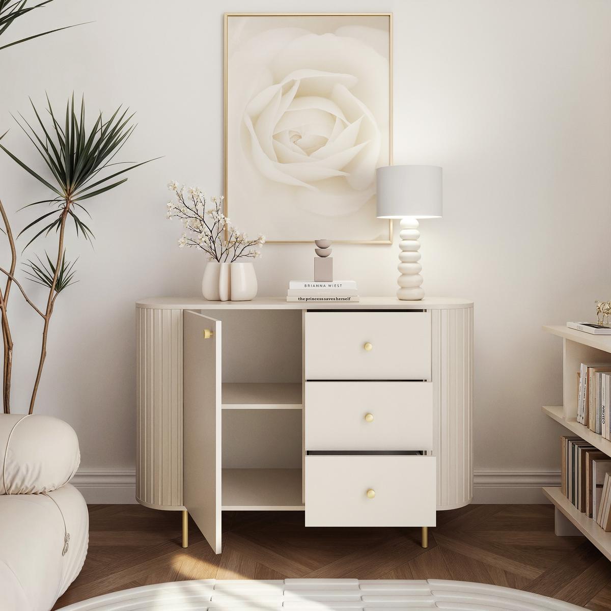 KOMMODE OVALINE 123 cm, 3 Schublade(n) Sandbeige - Beige, Holzwerkstoff/Metall (123/85/42cm) - Idohome
