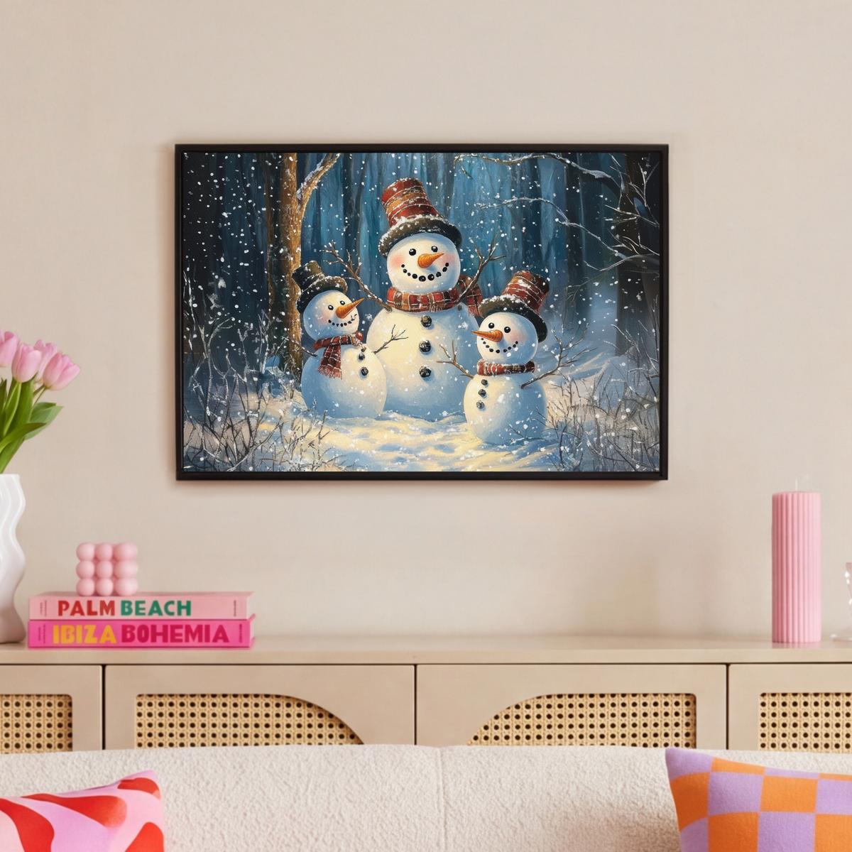 LEINWAND Bilder mit Rahmen - Schneemann - Schnee - Winter - Wald - 60x40 - Hellblau, Textil (60/40cm) - MuchoWow