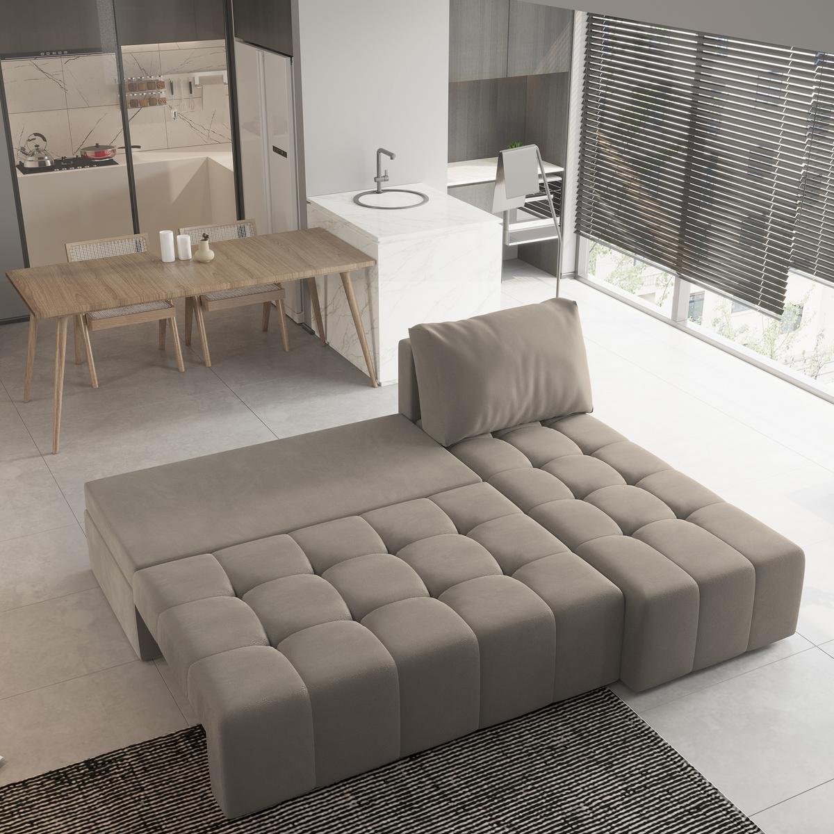 ECKSOFA DOMIRA Beige Plüsch-Stoff mit Schlaffunktion - Beige, Holz (200/141cm) - MASSENO