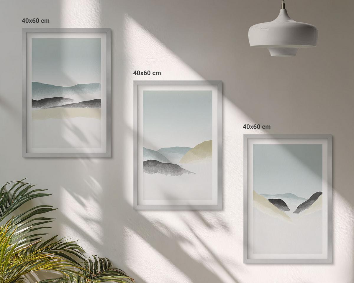 BILDER SET 3er Set - 40x60 cm Silberner Rahmen - Minimalistische Pastellberge - Silberfarben, Kunststoff (40/60cm) - TULUP