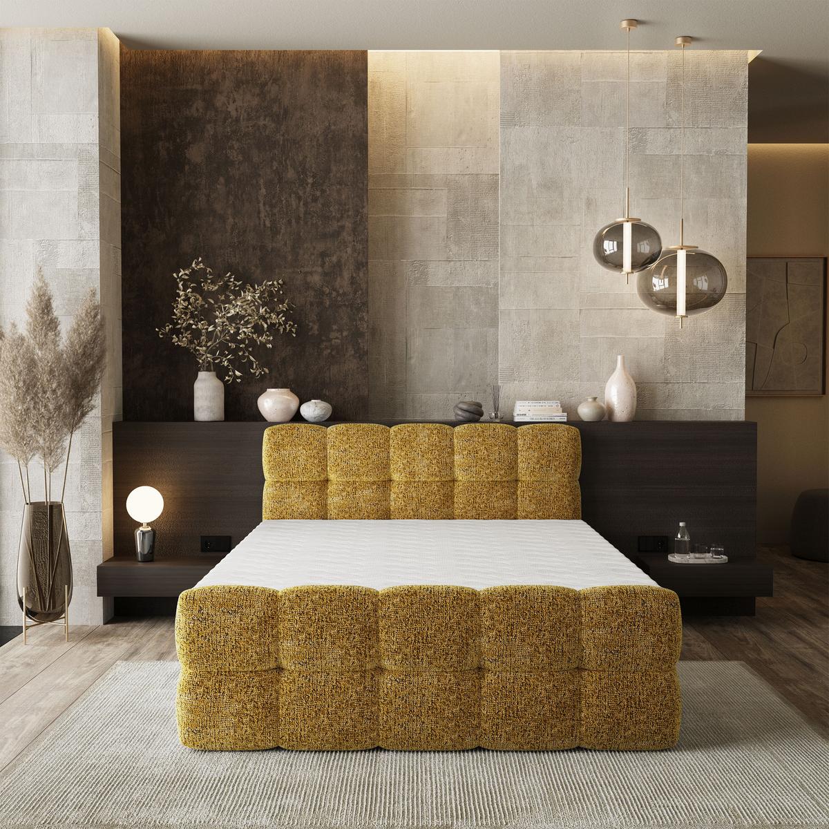 BOXBETT BRUME 180x200 cm mit Matratze und Topper, H2+H3 - Gelb - Gelb, Holz (180/200cm) - MASSENO