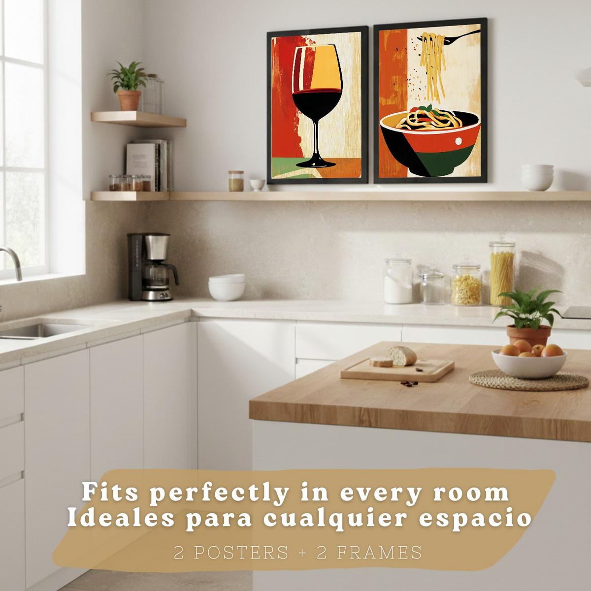 POSTER 2er Set Küchen-Wandbilder Rotwein und Pasta Vintage Retro Esszimmer Wanddeko Rahmenlos A3 - Schwarz, Papier (29.7/1/42cm) - Nacnic